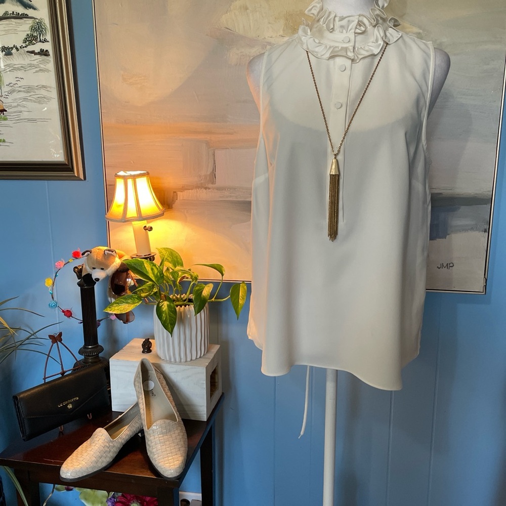 J. Crew Ivory Ruffle Neck Sleeveless Top